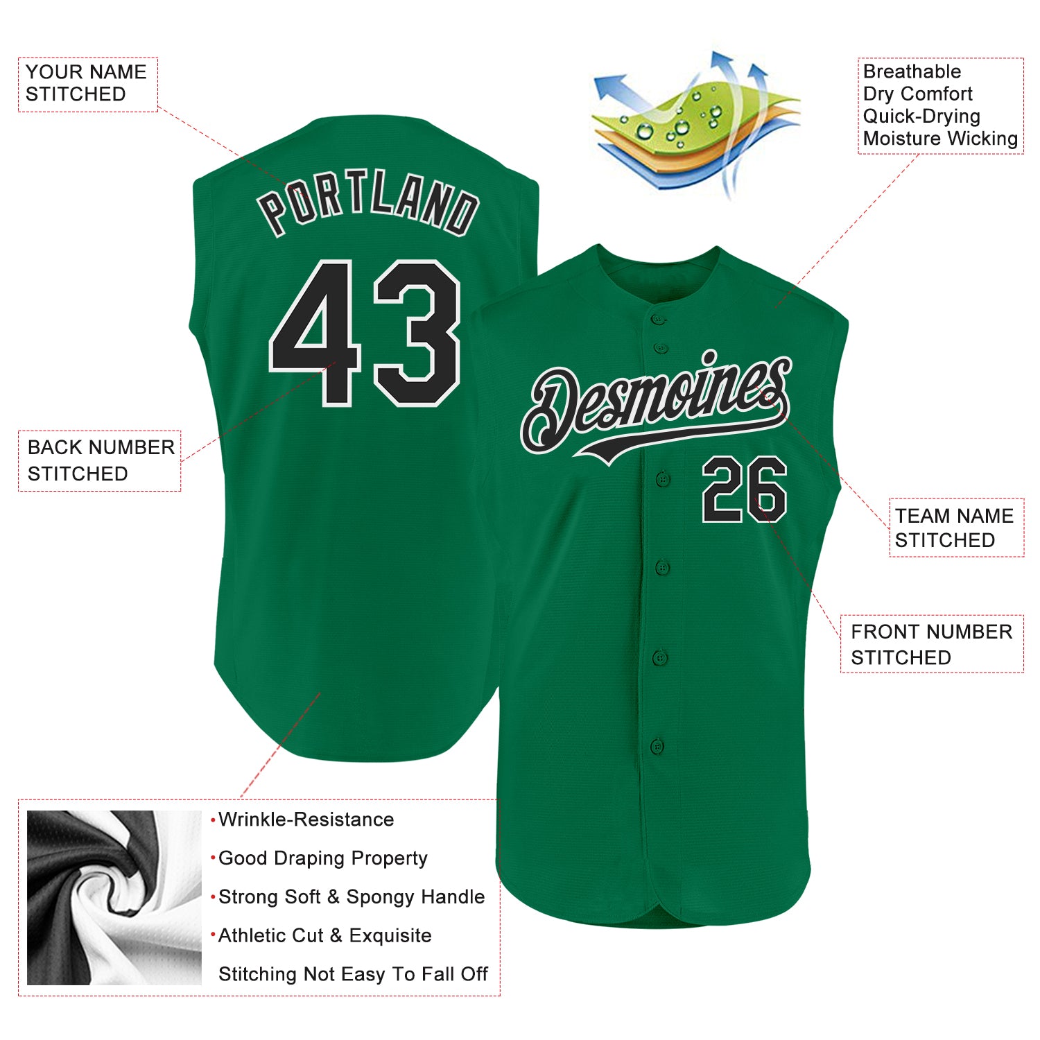 Custom Kelly Green Black-White Authentic Sleeveless Baseball Jersey