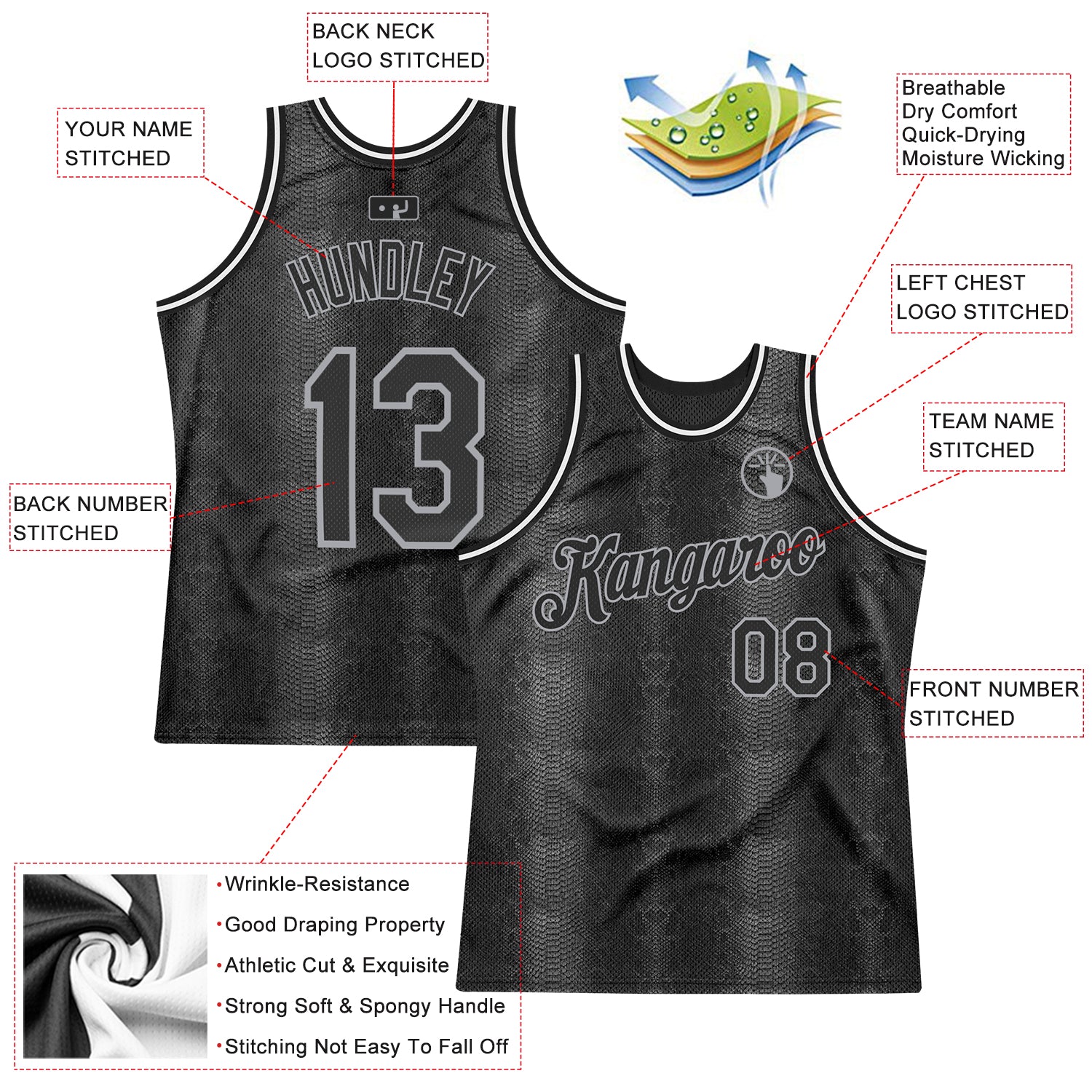 FIITG Custom Basketball Jersey Black Snakeskin Black-Gray 3D Pattern Design Authentic