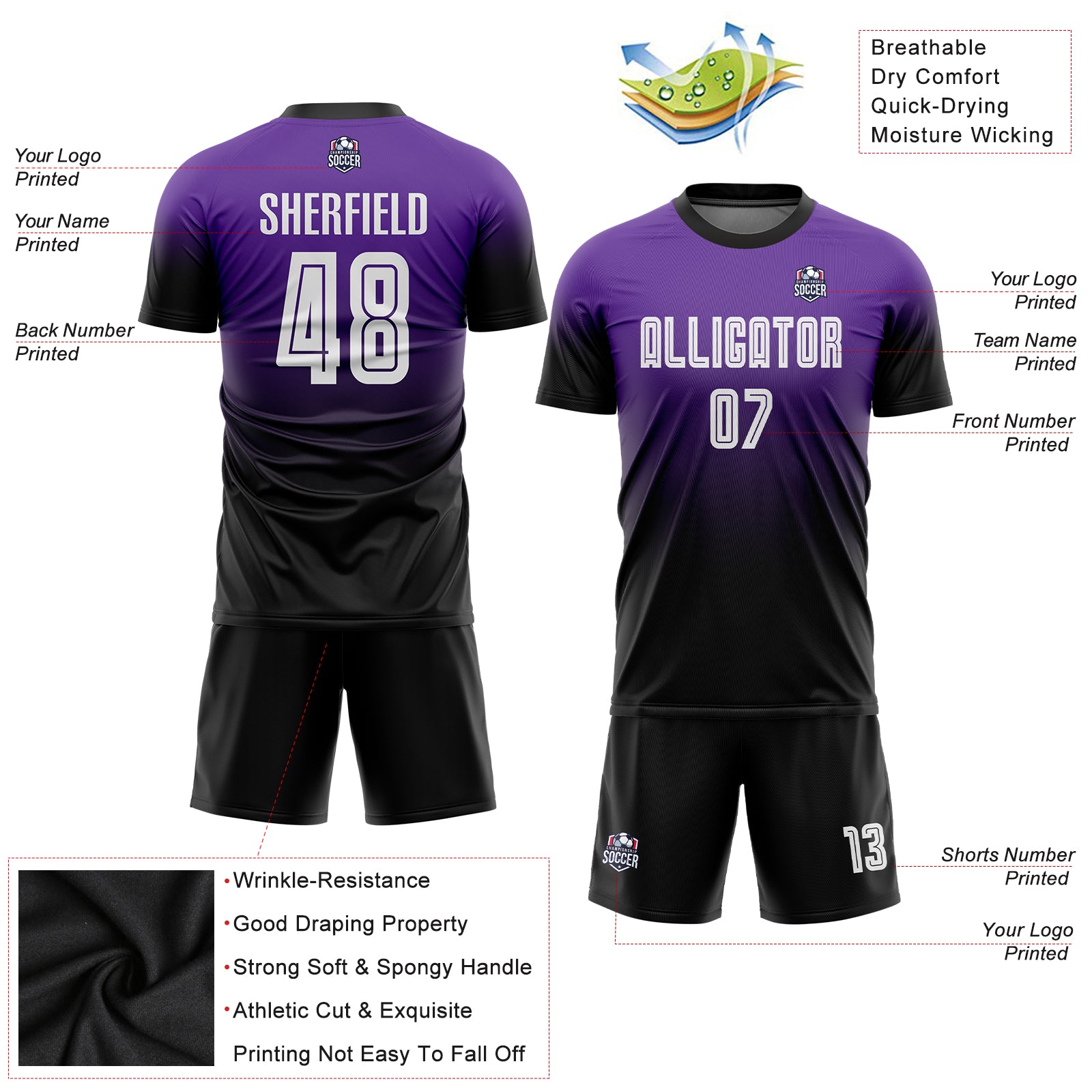 FANSIDEA Custom Purple White-Black Sublimation Fade Fashion Soccer Uniform Jersey Men's Size:2S