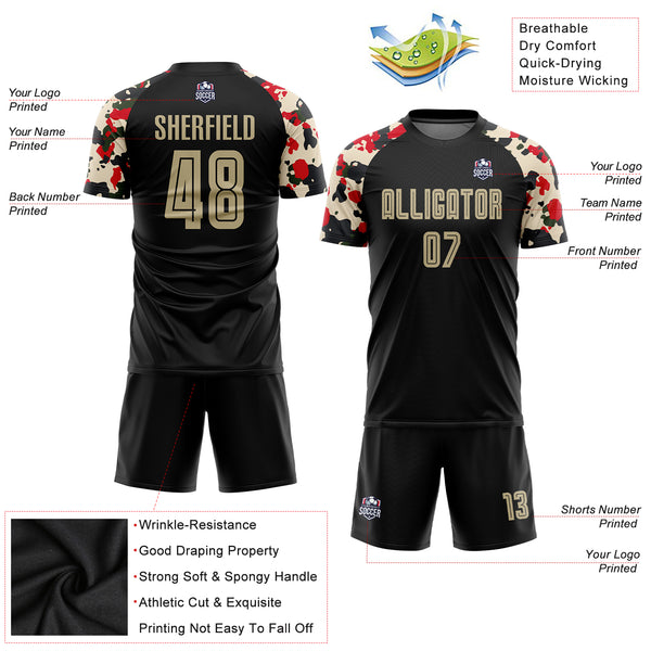Custom Black Soccer Uniform Jersey Vegas GoldCamo Sublimation FansIdea