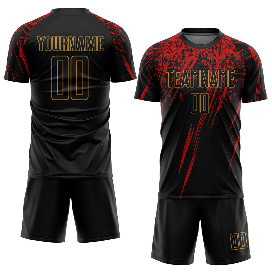 Custom Black Black Old Gold-Red Sublimation Soccer Uniform Jersey