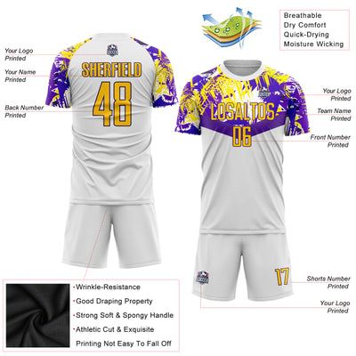 Custom White Gold-Purple Sublimation Soccer Uniform Jersey