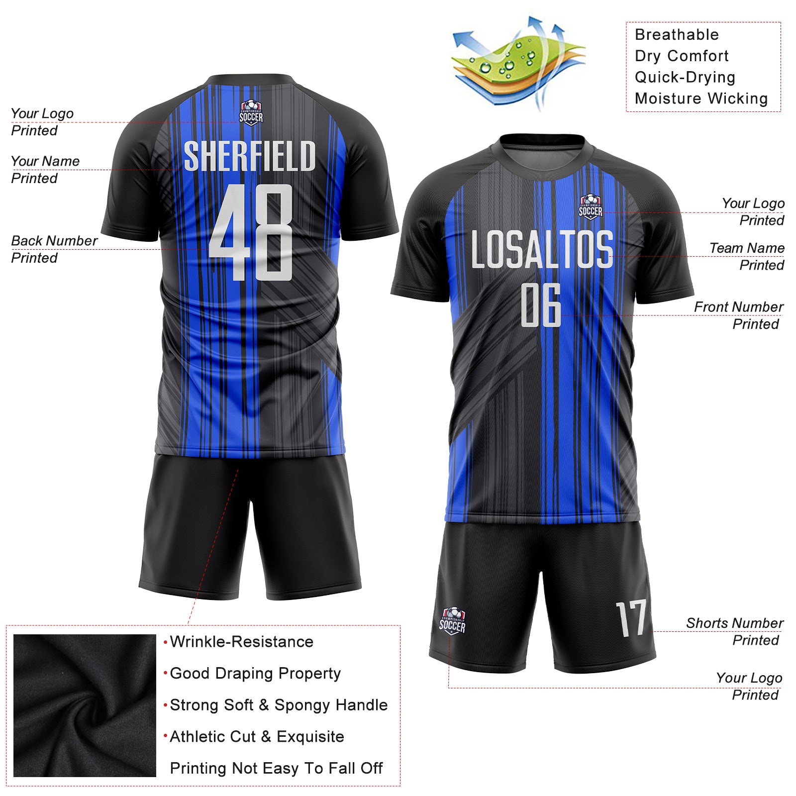 Custom Black White-Royal Sublimation Soccer Uniform Jersey