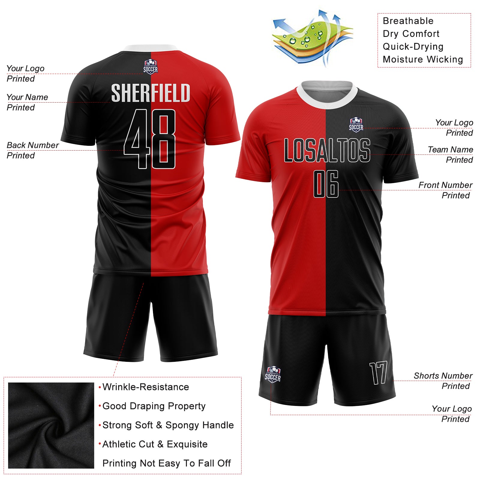Custom Red Black-White Sublimation Split Fashion Soccer Uniform Jersey