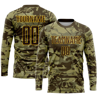 Custom Camo Brown-Gold Sublimation Salute To Service Soccer Uniform Jersey