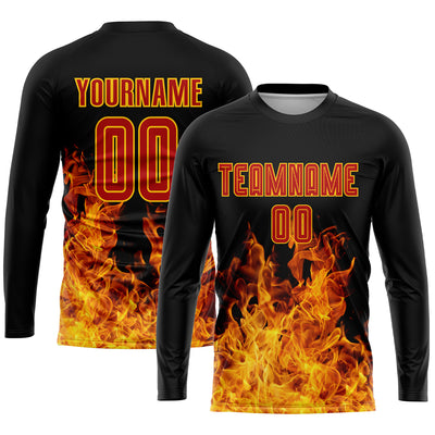 Custom Black Red-Gold Flame Sublimation Soccer Uniform Jersey
