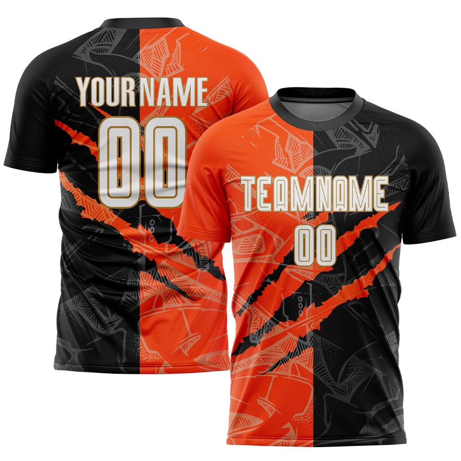 Custom Graffiti Pattern White Black Orange-Old Gold Scratch Sublimation Soccer Uniform Jersey