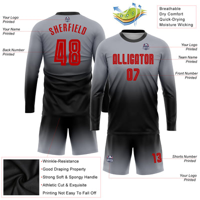 Custom Gray Red-Black Sublimation Long Sleeve Fade Fashion Soccer Uniform Jersey