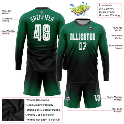Custom Kelly Green White-Black Sublimation Long Sleeve Fade Fashion Soccer Uniform Jersey