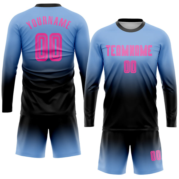 Custom Light Blue Pink-Black Sublimation Long Sleeve Fade Fashion Soccer  Uniform Jersey in 2023