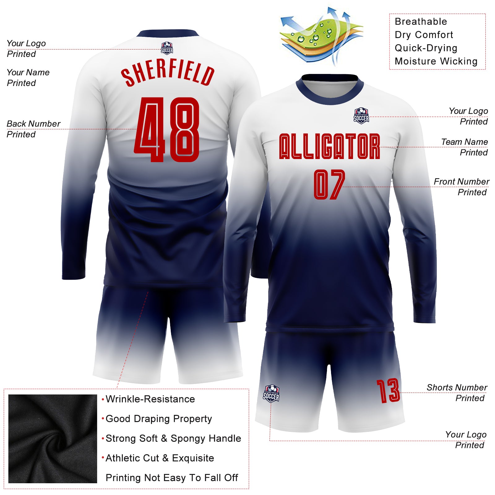 Custom White Red-Navy Sublimation Long Sleeve Fade Fashion Soccer Uniform Jersey