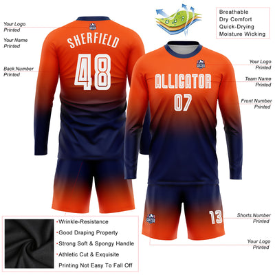 Custom Orange White-Navy Sublimation Long Sleeve Fade Fashion Soccer Uniform Jersey