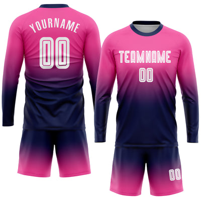 Custom Pink White-Navy Sublimation Long Sleeve Fade Fashion Soccer Uniform Jersey