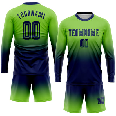 Custom Neon Green Navy Sublimation Long Sleeve Fade Fashion Soccer Uniform Jersey