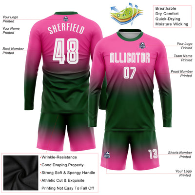 Custom Pink White-Green Sublimation Long Sleeve Fade Fashion Soccer Uniform Jersey