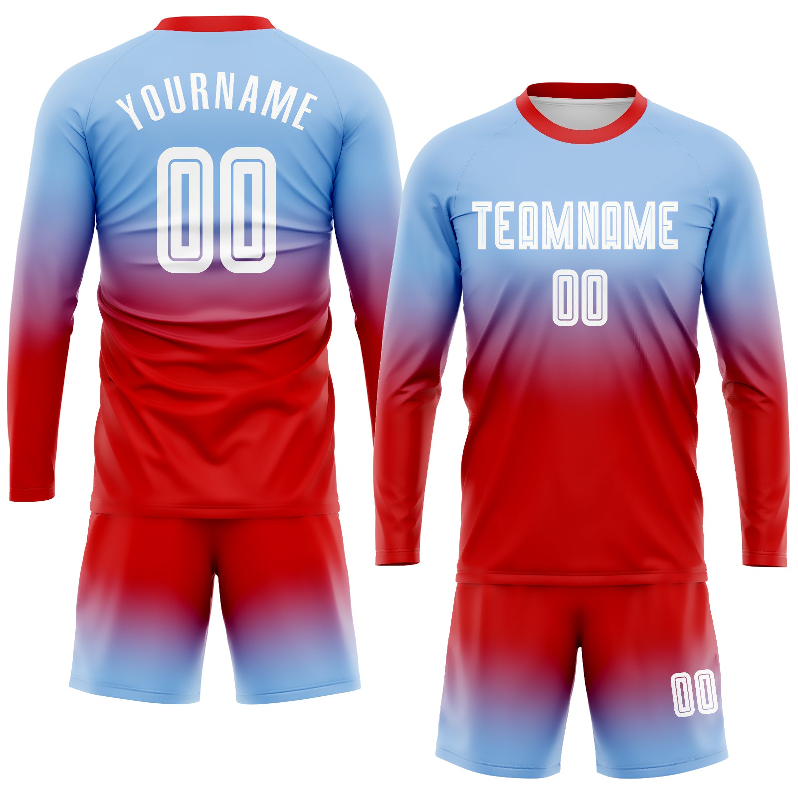 Custom Fade Fashion Soccer Uniform Jersey Light Blue White-Red Sublimation  Long Sleeve - FansIdea