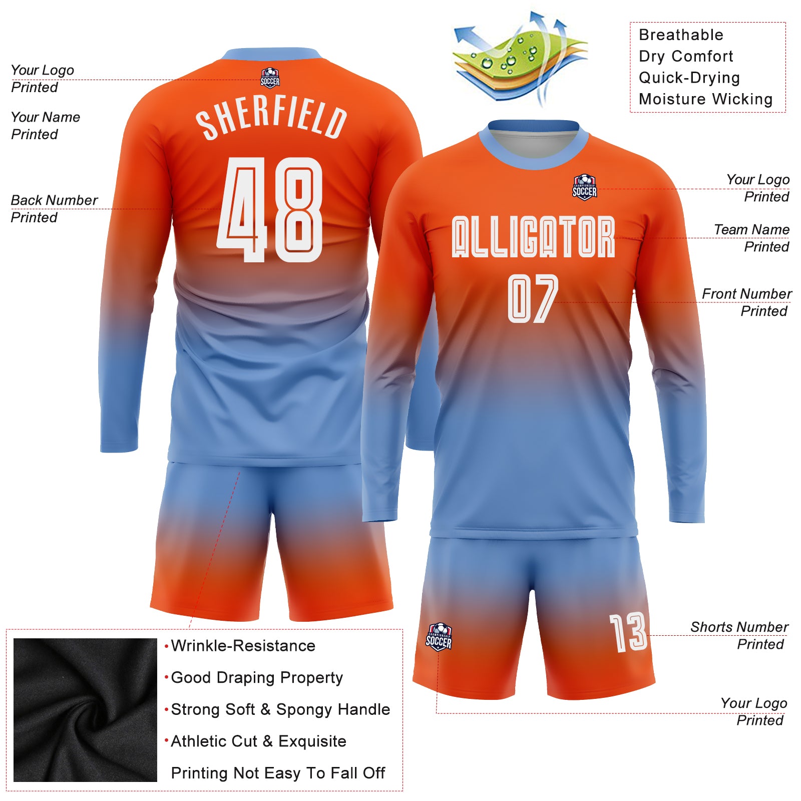 Custom Gold Brown Sublimation Long Sleeve Fade Fashion Soccer Uniform Jersey  Discount