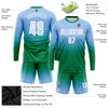 Custom Light Blue White-Kelly Green Sublimation Long Sleeve Fade Fashion Soccer Uniform Jersey