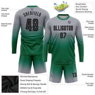 Custom Gray Black-Kelly Green Sublimation Long Sleeve Fade Fashion Soccer Uniform Jersey