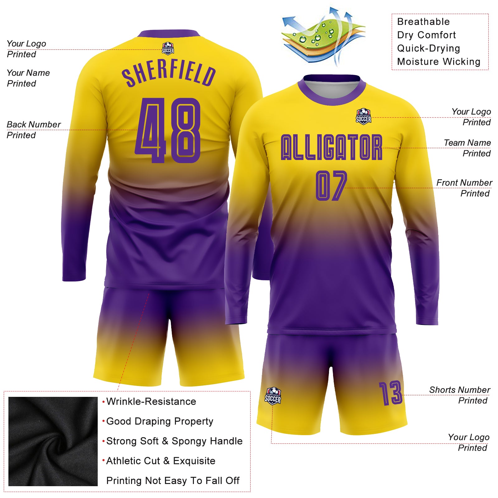 FANSIDEA Custom Gold Purple Sublimation Long Sleeve Fade Fashion Soccer Uniform Jersey Men's Size:L