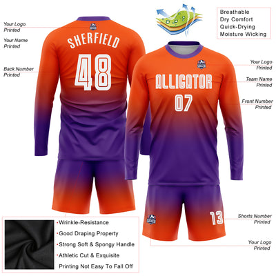 Custom Orange White-Purple Sublimation Long Sleeve Fade Fashion Soccer Uniform Jersey