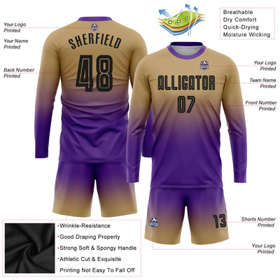 Custom Old Gold Black-Purple Sublimation Long Sleeve Fade Fashion Soccer Uniform Jersey