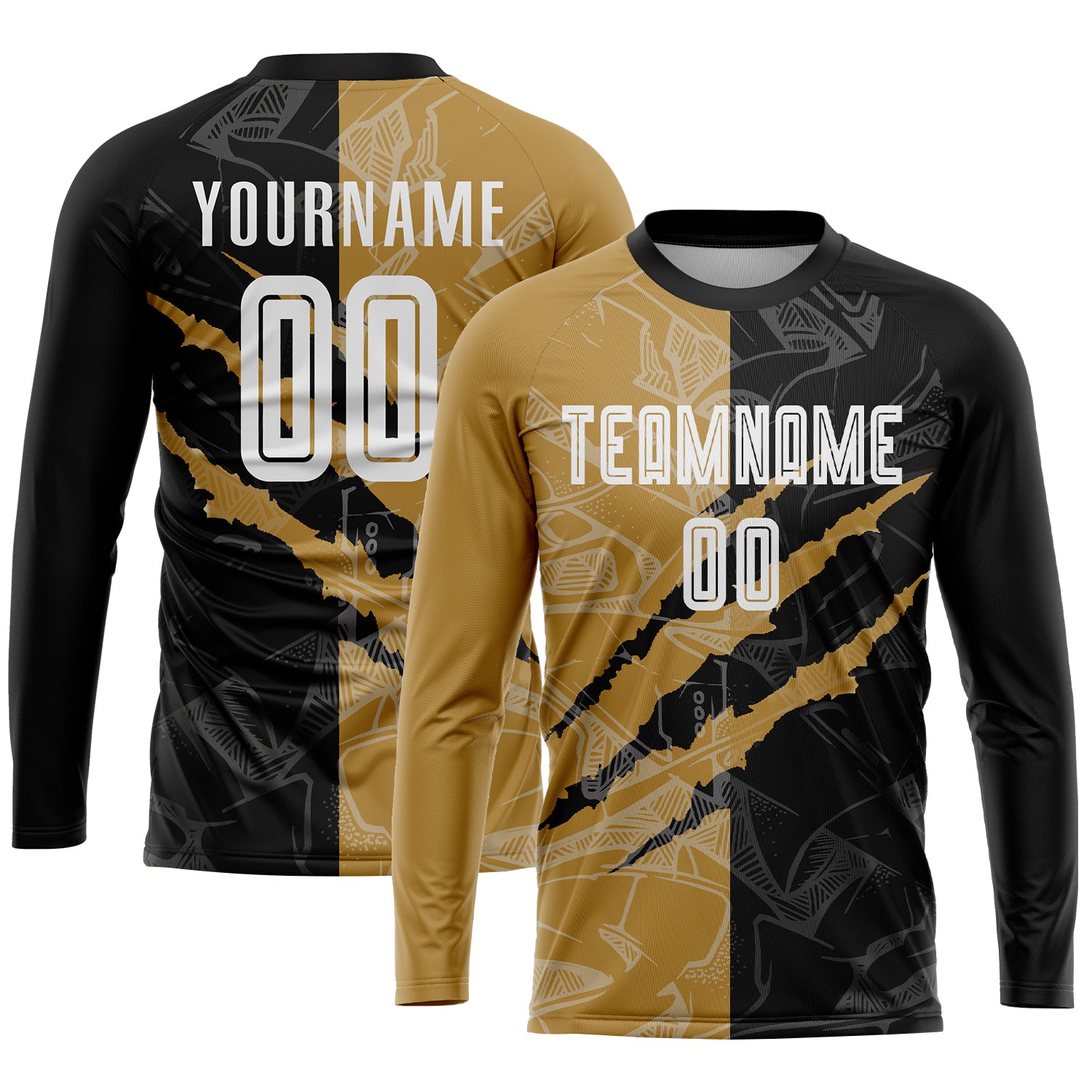 Custom Graffiti Pattern White Black-Old Gold Scratch Sublimation Soccer Uniform Jersey