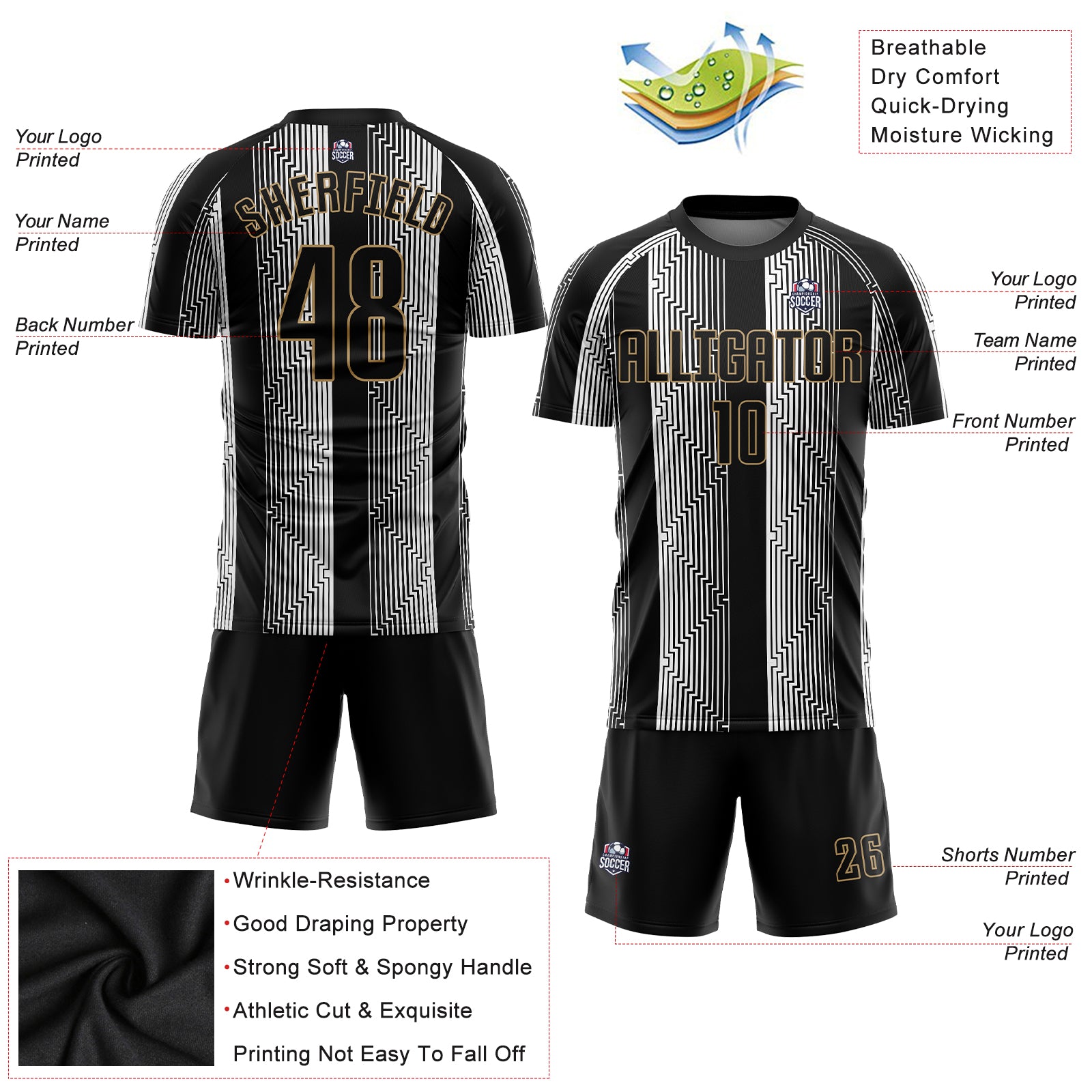 Custom Black Black-Old Gold Sublimation Soccer Uniform Jersey