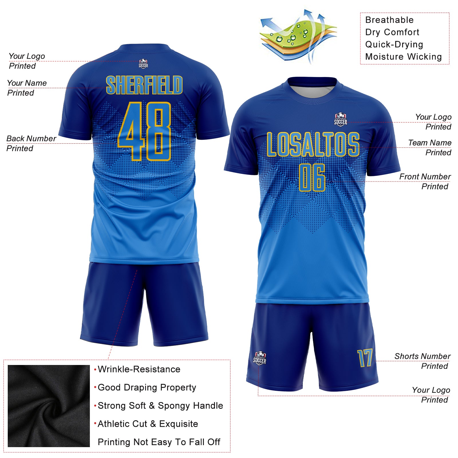 Custom Royal Powder Blue-Gold Sublimation Soccer Uniform Jersey