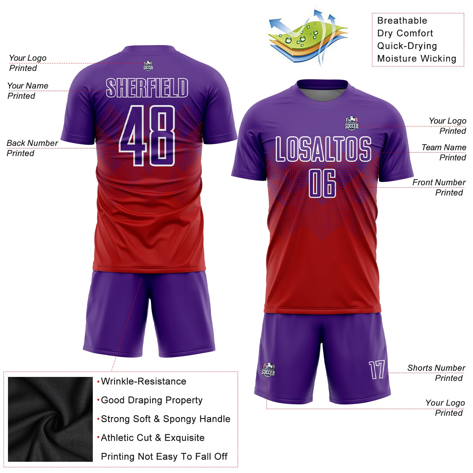 Custom Red Purple-White Sublimation Soccer Uniform Jersey