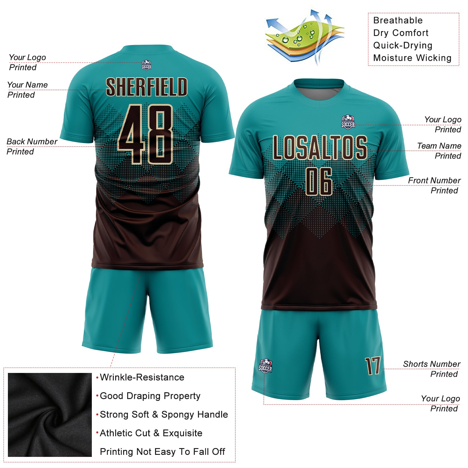 Custom Teal Brown-Cream Sublimation Soccer Uniform Jersey