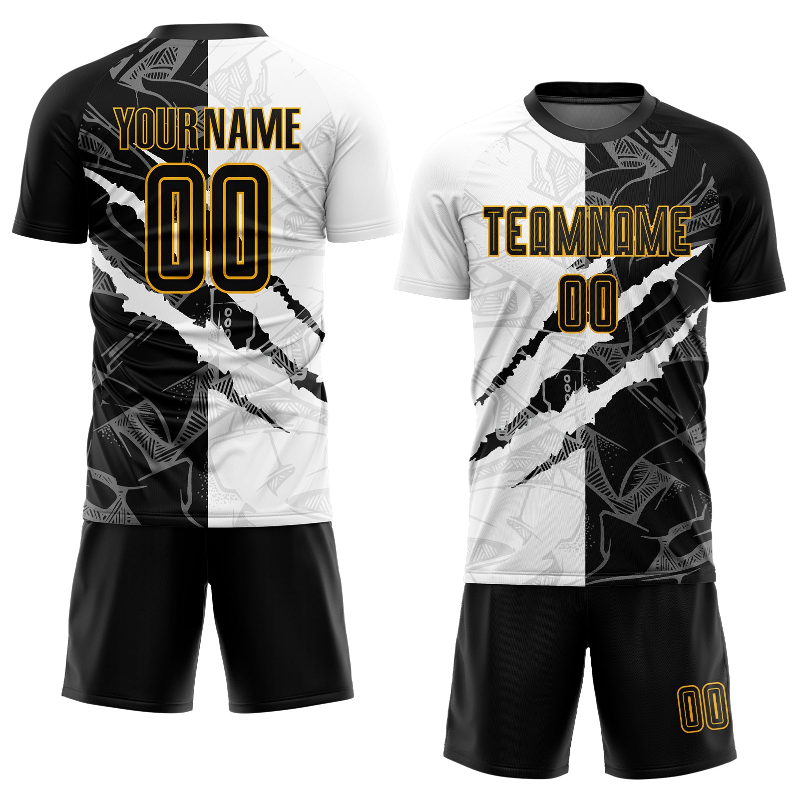 FANSIDEA Custom Soccer Jersey Uniform Graffiti Pattern Black-Gold Scratch Sublimation Men's Size:L