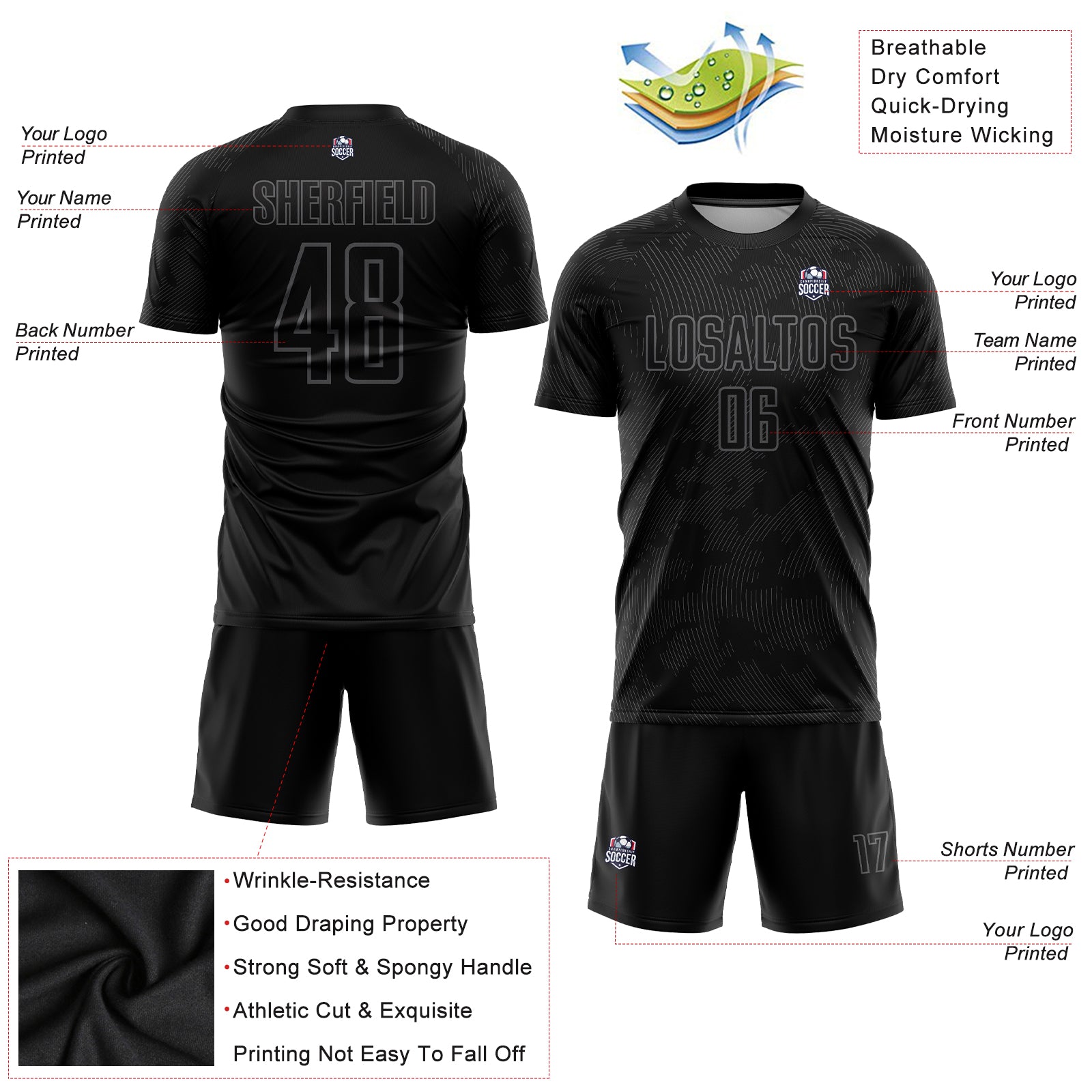 Custom Black Gray Sublimation Soccer Uniform Jersey