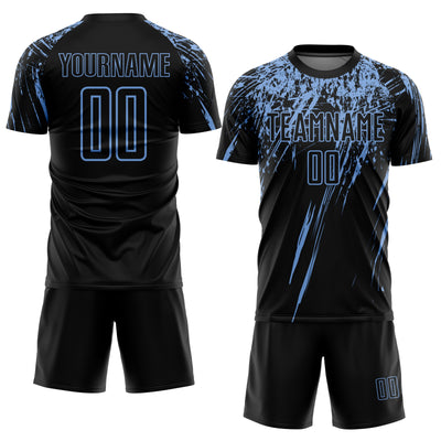 Custom Black Light Blue Sublimation Soccer Uniform Jersey