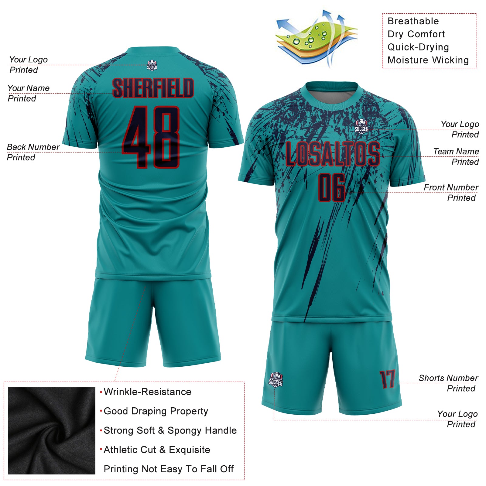 Custom Teal Navy-Red Sublimation Soccer Uniform Jersey