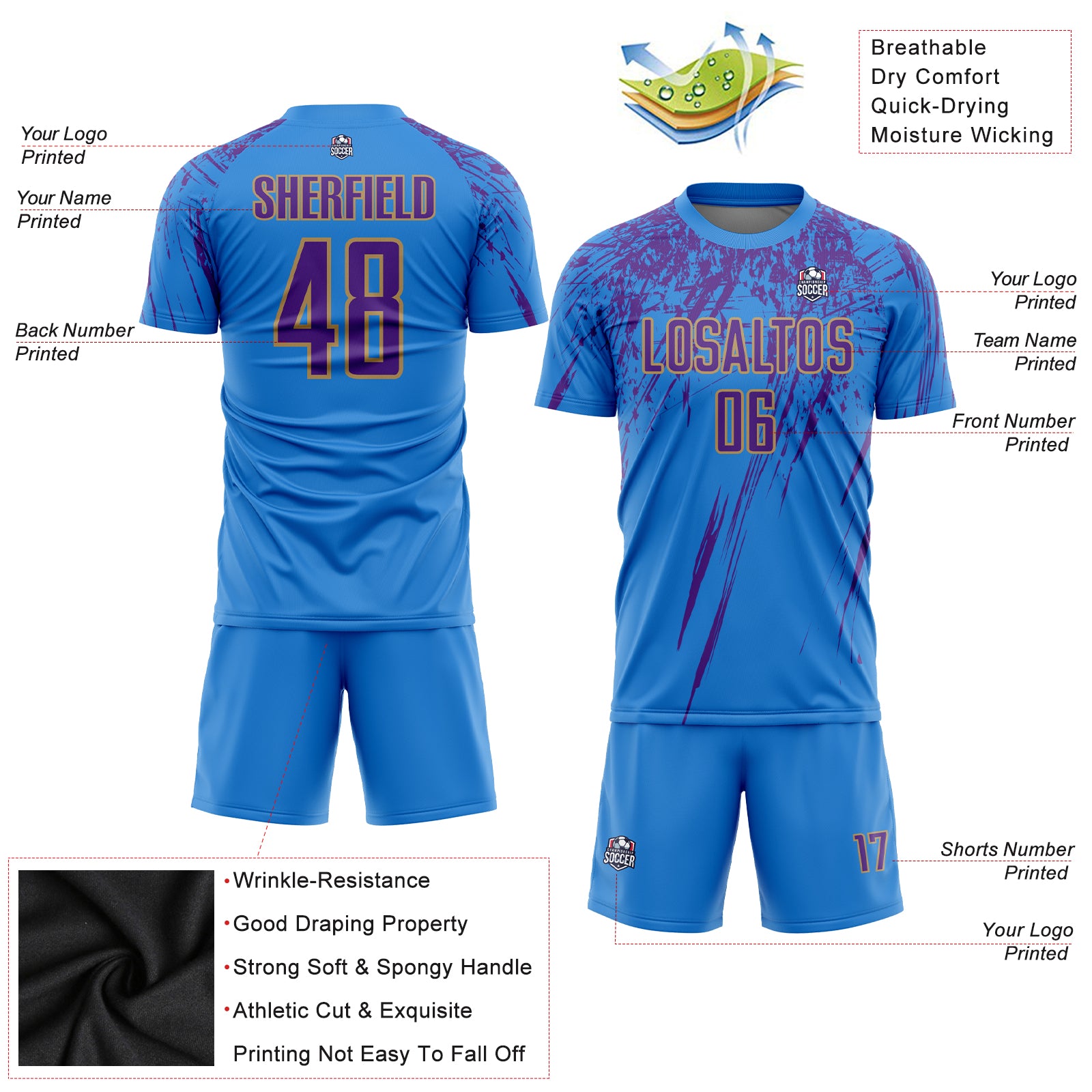 Custom Powder Blue Purple-Old Gold Sublimation Soccer Uniform Jersey