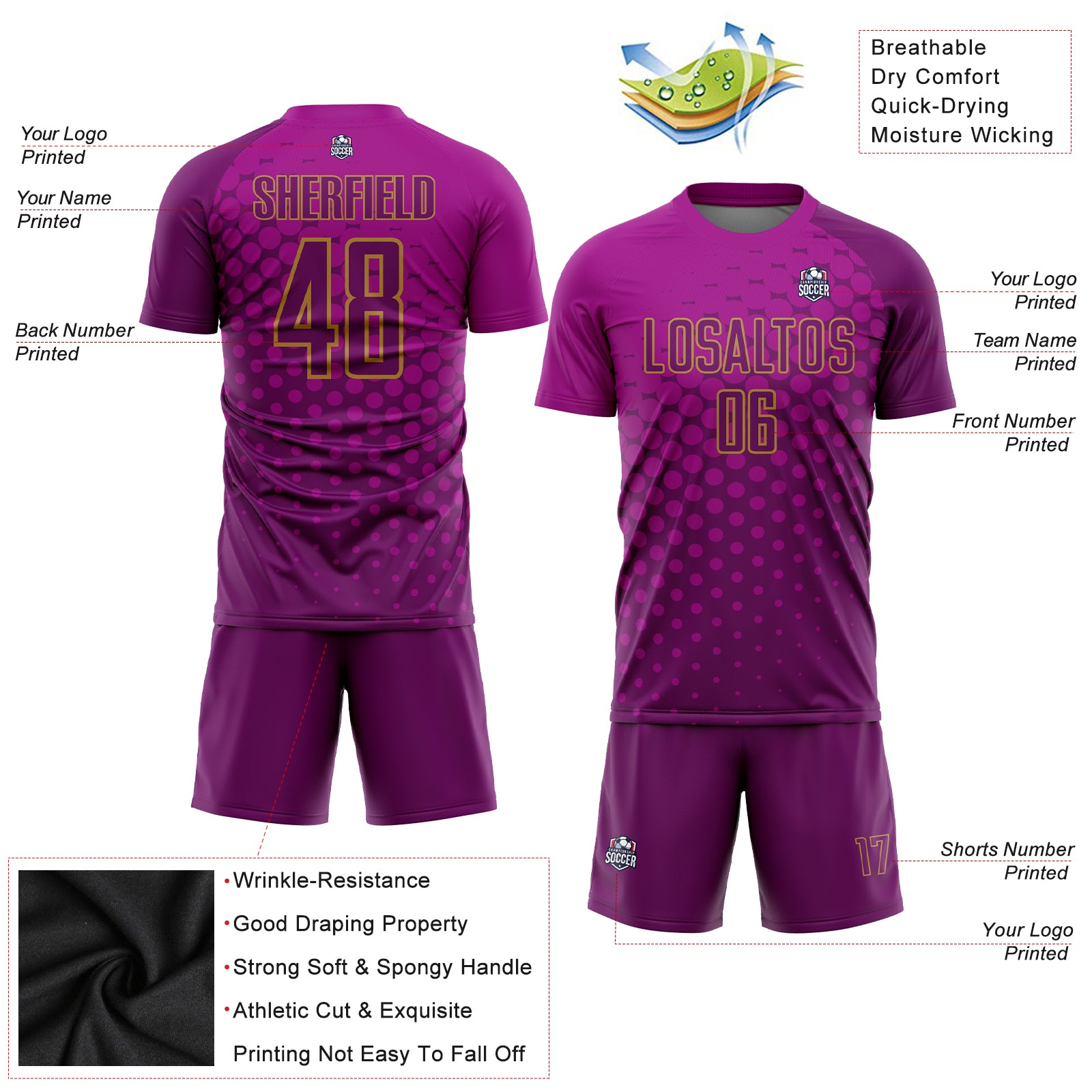 Custom Deep Pink Purple-Old Gold Sublimation Soccer Uniform Jersey