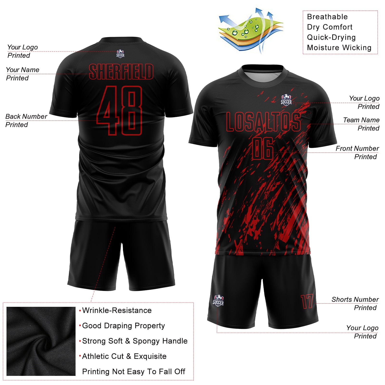 Custom Black Red Sublimation Soccer Uniform Jersey