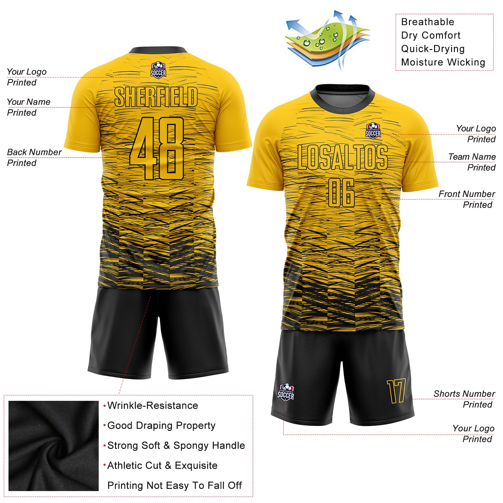 Custom Yellow Black Sublimation Soccer Uniform Jersey