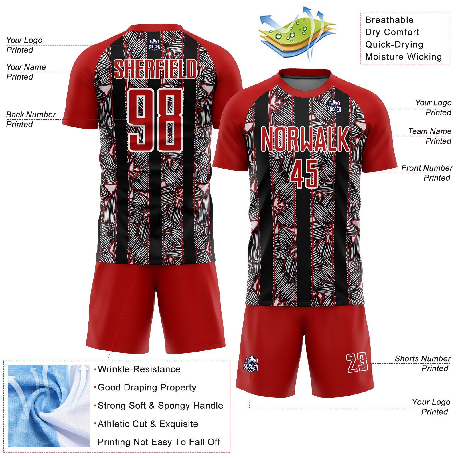 Custom Red Black-White Flowers Sublimation Soccer Uniform Jersey