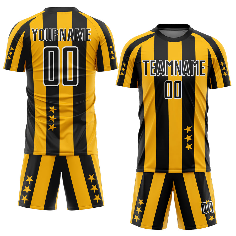 Custom Gold Black-White Stars And Squares Sublimation Soccer Uniform Jersey