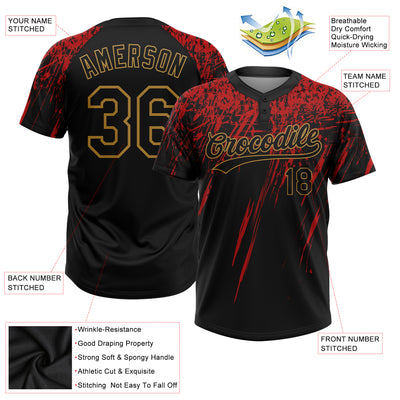 Custom Black Black Red-Old Gold 3D Pattern Two-Button Unisex Softball Jersey
