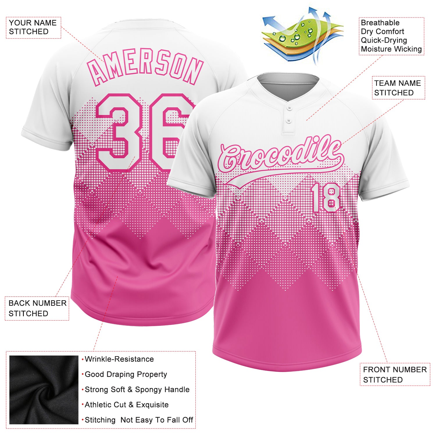 Custom Pink White 3D Pattern Gradient Square Shapes Two-Button Unisex Softball Jersey
