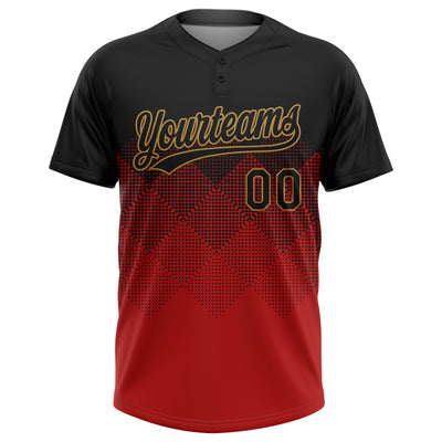 Custom Red Black-Old Gold 3D Pattern Gradient Square Shapes Two-Button Unisex Softball Jersey