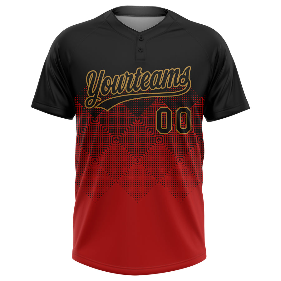 Custom Red Black-Old Gold 3D Pattern Gradient Square Shapes Two-Button Unisex Softball Jersey