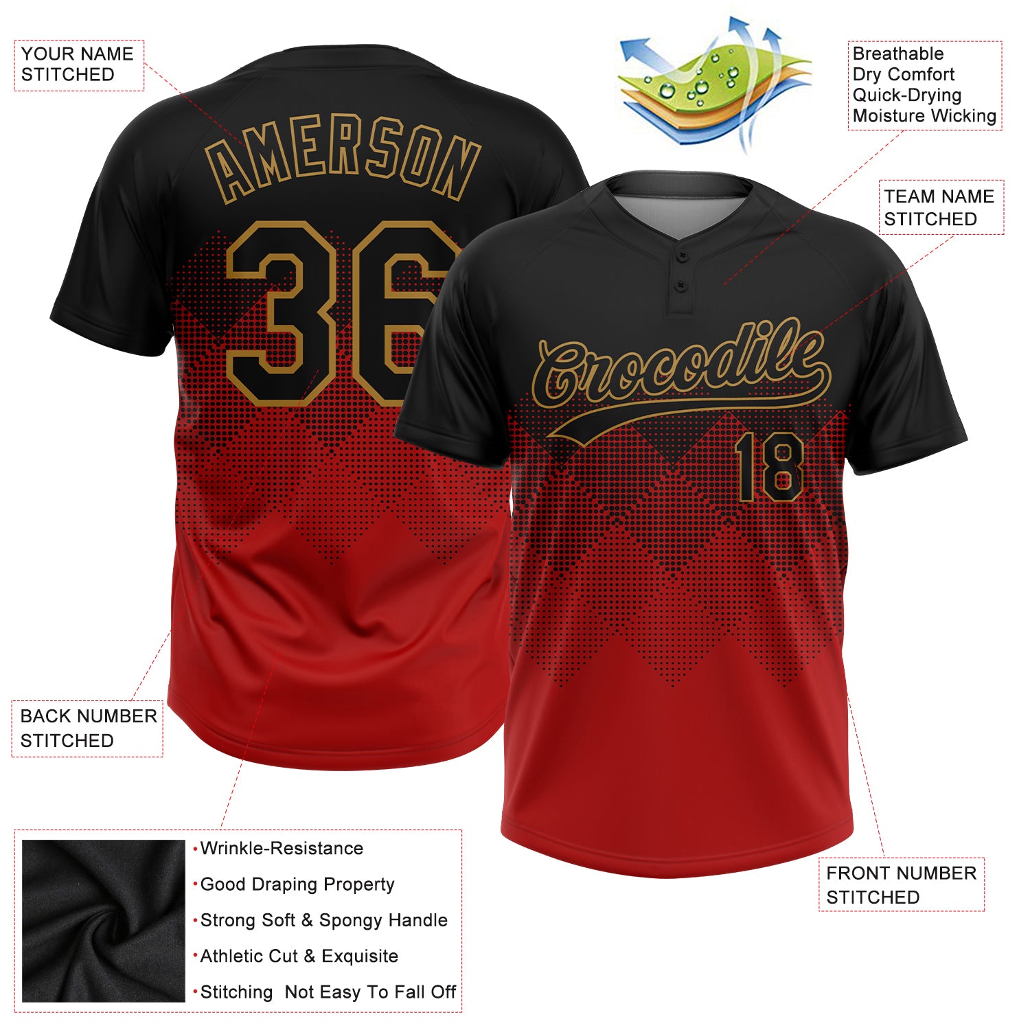 Custom Red Black-Old Gold 3D Pattern Gradient Square Shapes Two-Button Unisex Softball Jersey
