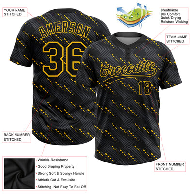 Custom Black Black-Gold 3D Pattern Two-Button Unisex Softball Jersey
