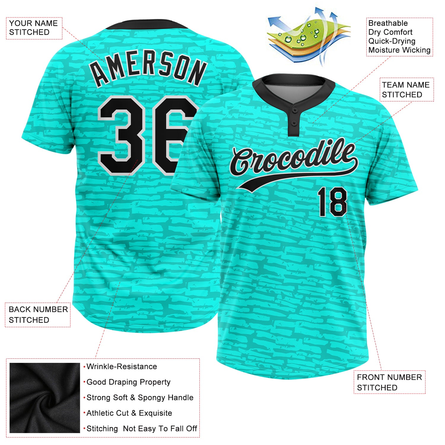 Custom Teal Black-White 3D Pattern Two-Button Unisex Softball Jersey