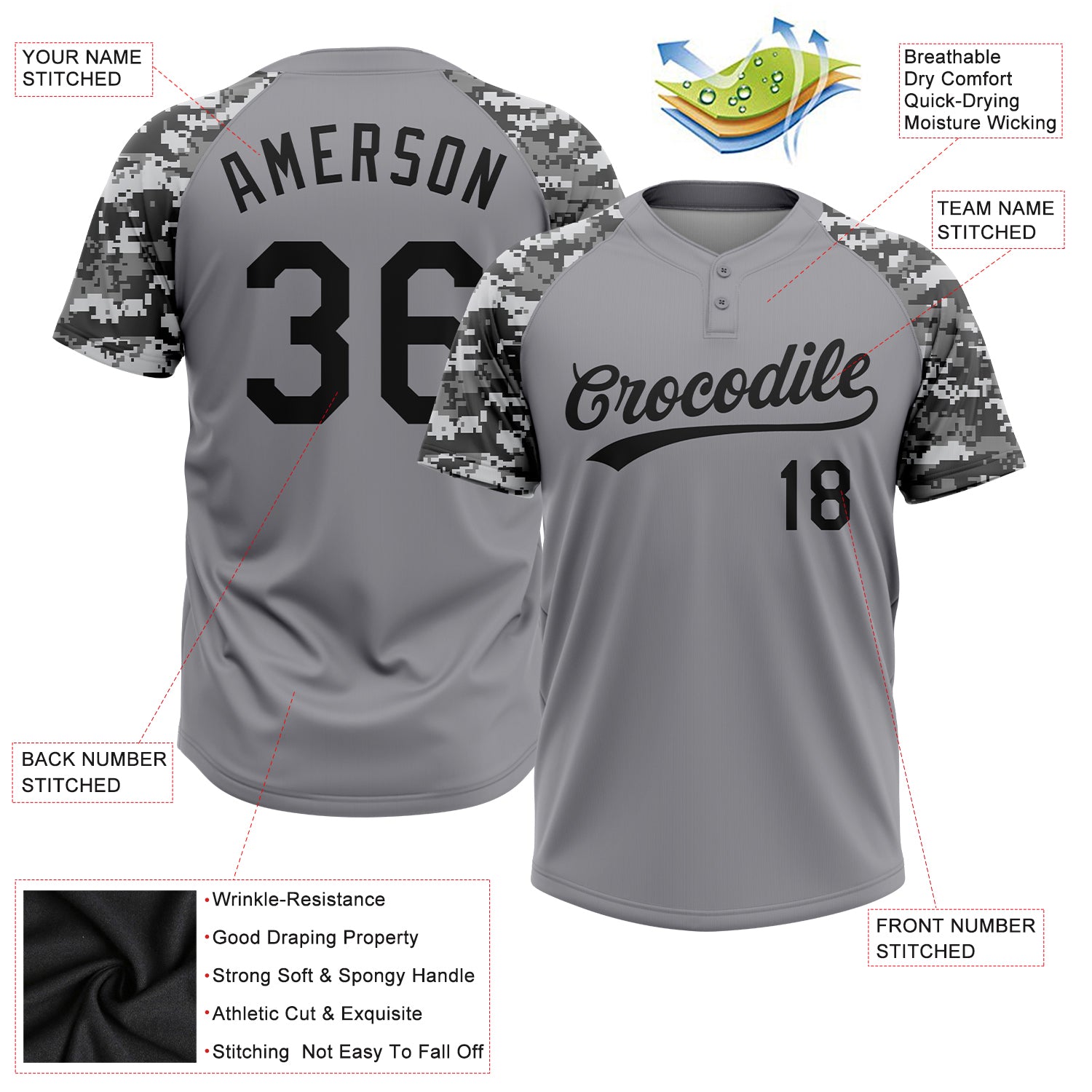 Custom Gray Black-Camo 3D Pattern Two-Button Unisex Softball Jersey