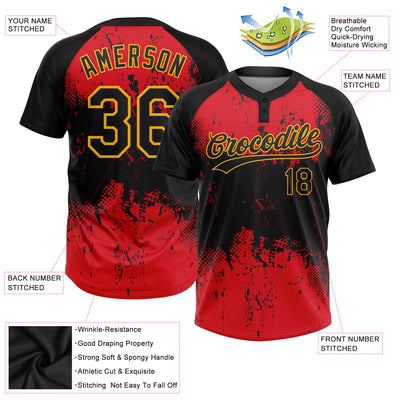 Custom Red Black-Gold 3D Pattern Two-Button Unisex Softball Jersey